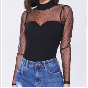 Almost Famous Black Mock Neck Sheer Polka Dot Sleeve Ribbed Top Sz L